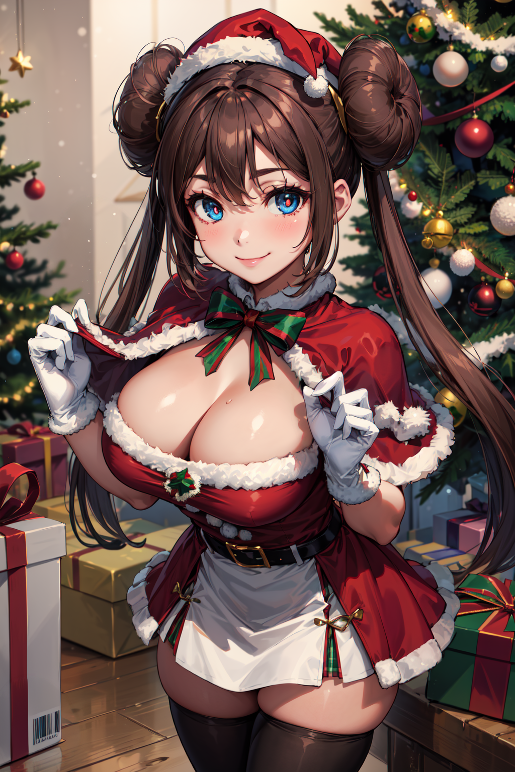 masterpiece,best quality,1girl,ro1,hair bun,blue eyes,twintails,belt,black thighhighs,gloves,christmas,cleavage,red capele...